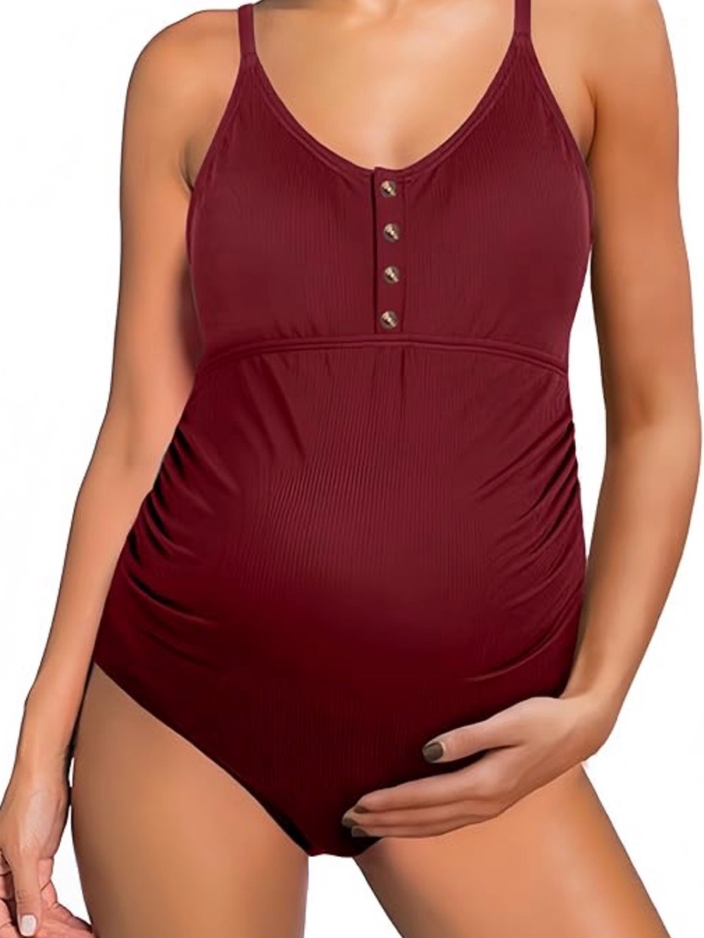 Maternity Ribbed One-Piece Swimsuit in Burgundy - Picture 2 of 5